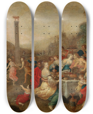 Triptych art skateboard deck of Frans Francken The Younger The Dance Around The Golden Kalf by Frans Francken the Younger (1581-1642)