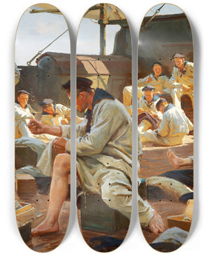 Triptych art skateboard deck of Erik Henningsen En Lappedag Ombord by Erik Henningsen (1855-1930)