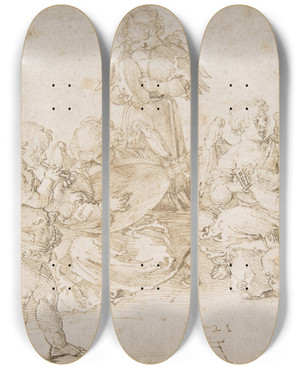 Triptych art skateboard deck of Albrecht Drer Musicmaking Angels by Albrecht Durer (1471-1528)
