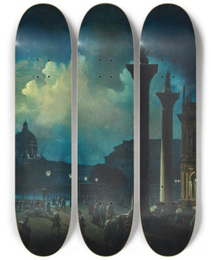 Triptych art skateboard deck of Luigi Bartezago Venice A View Of Santa Maria Salute In Moonlight by Luigi Bartezago