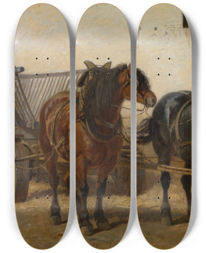 Triptych art skateboard deck of Charles Tschaggeny A Team Of Horses by Charles Tschaggeny (1815-1894)