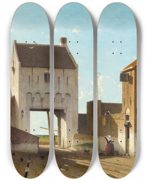 Triptych art skateboard deck of Jan Weissenbruch A Town Gate In Leerdam by Jan Weissenbruch (1822-1880)