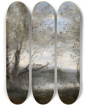 Triptych art skateboard deck of Jeanbaptistecamille Corot A Pond Seen Through Thetrees by Jean-Baptiste-Camille Corot (1796-1875)