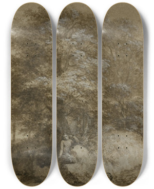 Triptych art skateboard deck of Adam Friedrich Oeser Shady Grove With Nymph Seated Under Tree by Adam Friedrich Oeser (1717-1799)