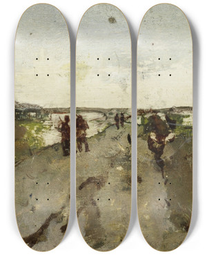 Triptych art skateboard deck of George Hendrik Breitner Landscape Near Waalsdorp With Soldiers On Maneuver by George Hendrik Breitner (1857-1923)