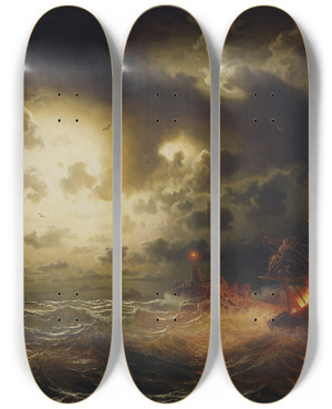 Triptych art skateboard deck of Marcus Larson Burning Steamer_2 by Marcus Larson (1825-1864)