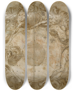 Triptych art skateboard deck of Taddeo Zuccaro Design For A Circular Dish by Taddeo Zuccaro (1529-1566)