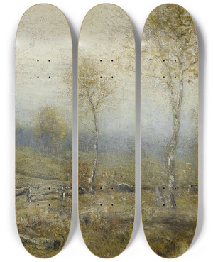 Triptych art skateboard deck of Bruce Crane Winter Landscape by Bruce Crane (1857-1937)