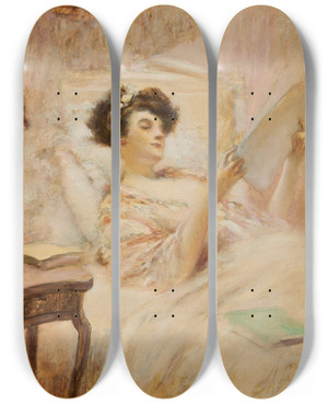Triptych art skateboard deck of Albert Guillaume La Lecture Au Lit by Albert Guillaume (1873-1942)