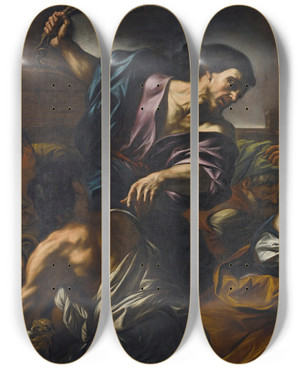 Triptych art skateboard deck of Giovanni Battista Beinaschi The Expulsion From The Temple by Giovanni Battista Beinaschi (1636-1688)
