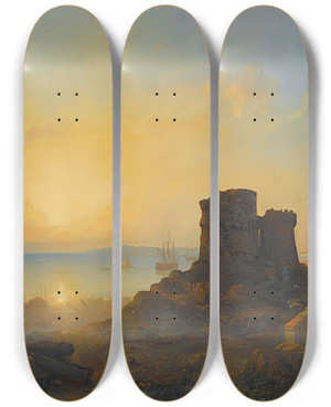 Triptych art skateboard deck of Jacob Jacobs Crusader Castle On The Ottoman Coast by Jacob Jacobs (1812-1879)