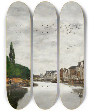 Triptych art skateboard deck of Eugne Boudin Canal Aux Environs De Bruxelles by Eugene Boudin (1824-1898)