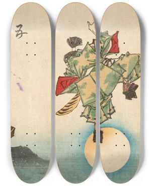 Triptych art skateboard deck of Tsukioka Yoshitoshi Ushiwakamaru At Goj Bridge by Tsukioka Yoshitoshi (1839-1892)