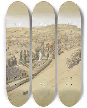 Triptych art skateboard deck of Georg Scholz Grtzingen Mit Dem Turmberg by Georg Scholz (1890-1945)