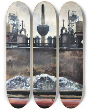 Triptych art skateboard deck of Otto Geigenberger Stahlwerk Krupp In Essen by Otto Geigenberger (1881-1946)