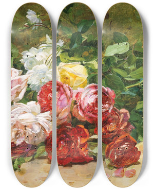 Triptych art skateboard deck of Dominique Hubert Rozier Still Life With Roses by Dominique Hubert Rozier (1840-1901)
