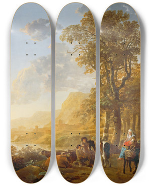 Triptych art skateboard deck of Aelbert Cuyp The Flight Into Egypt by Aelbert Cuyp (1620-1691)