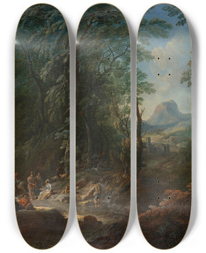Triptych art skateboard deck of Maximilian Joseph Schinnagl Waldlandschaft Morgen by Maximilian Joseph Schinnagl (1697-1762)