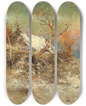Triptych art skateboard deck of Julius Sergius Klever Winter On The Baltic Coast by Julius Sergius Klever (1850-1924)