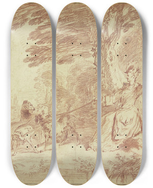 Triptych art skateboard deck of Jeanantoine Watteau Jagdpartie Jgerin Und Jger Mit Vier Hunden In Einer Landschaft by Jean-Antoine Watteau (1684-1721)