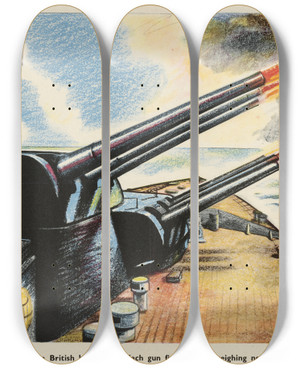 Triptych art skateboard deck of Roland Davies Big Guns Of A British Battleship by Roland Davies (1904-1993)
