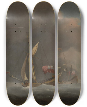 Triptych art skateboard deck of Willem Van De Velde The Younger English Royal Yachts At Sea In A Strong Breeze In Company With A Ship Flying The Royal Standard by Willem van de Velde the Younger (1633-1707)