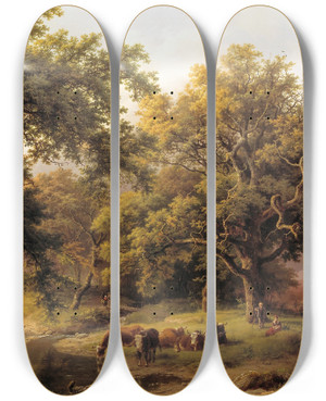 Triptych art skateboard deck of Barend Cornelis Koekkoek Brook By The Edge Of The Woods by Barend Cornelis Koekkoek (1803-1862)
