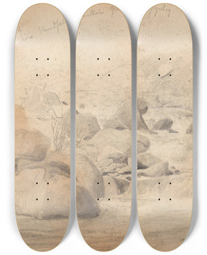 Triptych art skateboard deck of Hans Gude Elvestryk Ved L I Hallingdal by Hans Gude (1825-1903)