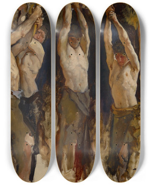 Triptych art skateboard deck of Edwin Austin Abbey Figure Study For The Spirit Of Vulcan Genius Of The Workers In Iron And Steel Rotunda Pennsylvania State Capitolharrisburg by Edwin Austin Abbey (1852-1911)