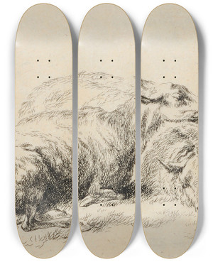 Triptych art skateboard deck of Nicolaes Pietersz Berchem Zwei Liegende Schafe by Nicolaes Pietersz Berchem (1620-1683)