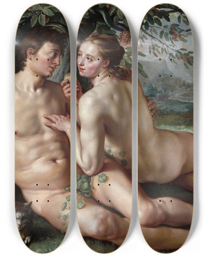Triptych art skateboard deck of Hendrick Goltzius The Fall Of Man by Hendrick Goltzius (1558-1617)