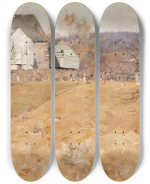 Triptych art skateboard deck of William Langson Lathrop Feeding The Chickens by William Langson Lathrop (1859-1938)