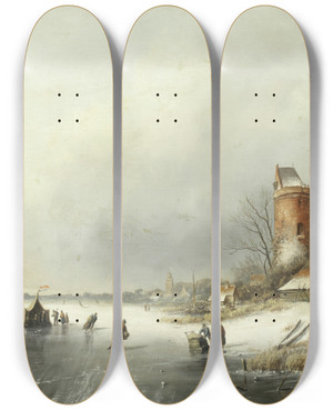 Triptych art skateboard deck of Jan Jacob Coenraad Spohler A Winter Landscape With Figures On The Ice by Jan Jacob Coenraad Spohler (1837-1923)