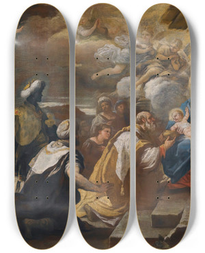 Triptych art skateboard deck of Luca Giordano The Adoration Of The Magi_3 by Luca Giordano (1634-1705)
