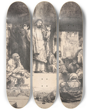 Triptych art skateboard deck of Rembrandt Van Rijn Christ Preaching by Rembrandt Van Rijn (1606-1669)