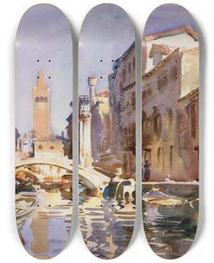 Triptych art skateboard deck of John Singer Sargent Venetian Canal by John Singer Sargent (1856-1925)