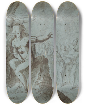 Triptych art skateboard deck of Hans Von Aachen Mythologicalscene by Hans Von Aachen (1552-1615)