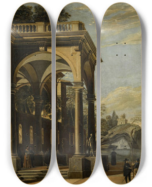 Triptych art skateboard deck of Viviano Codazzi An Architectural Capriccio With Figures By A Colonnaded Portico A Castle On A Sea Archand Coastal Village Beyond by Viviano Codazzi (1604-1670)