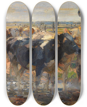 Triptych art skateboard deck of Heinrich Von Zgel Hirte Mit Jungrindern_1 by Heinrich Von Zugel (1850-1941)
