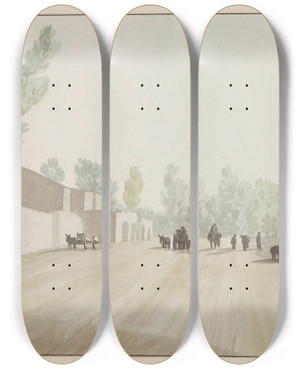 Triptych art skateboard deck of Abrahamlouisrodolphe Ducros Straatbeeld Bij Verlaten Van Napels Ter Hoogte Van Cisterna by Abraham-Louis-Rodolphe Ducros (1748-1810)