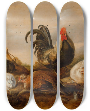 Triptych art skateboard deck of Gijsbert Gillisz De Hondecoeter Animals In The Yard by Gijsbert Gillisz De Hondecoeter (1604-1653)