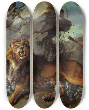 Triptych art skateboard deck of Jeanbaptiste Oudry The Lion And The Fly by Jean-Baptiste Oudry (1686-1755)