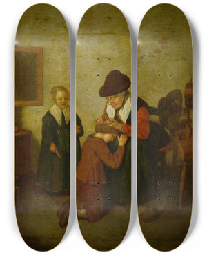 Triptych art skateboard deck of Quirijn Van Brekelenkam A Woman Deloused A Boy by Quirijn Van Brekelenkam (1622-1669)
