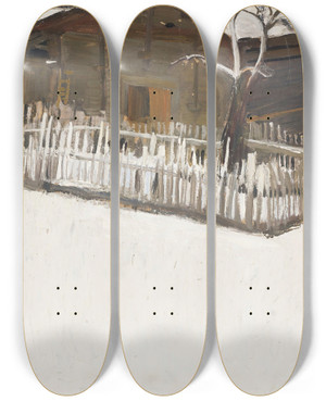 Triptych art skateboard deck of Ernest Biler Paysage Dhiver Devant Un Mazot by Ernest Bieler (1863-1948)