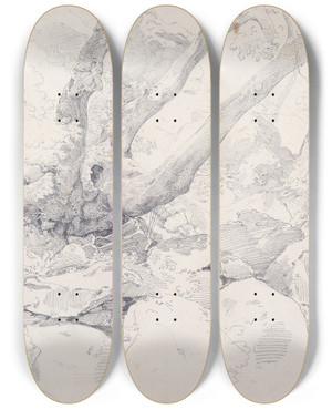 Triptych art skateboard deck of Ernst Fries Verkrppelter Baumstamm Auf Felsen Bei Ariccia by Ernst Fries (1801-1833)