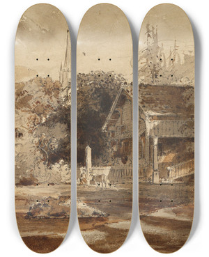 Triptych art skateboard deck of Friedrich Salath Swiss Village View by Friedrich Salathe (1793-1860)
