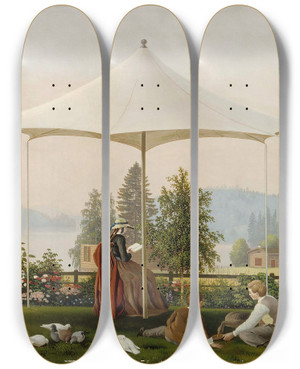 Triptych art skateboard deck of Ferdinand Von Wright In The Garden Of Haminalahti by Ferdinand von Wright (1822-1906)