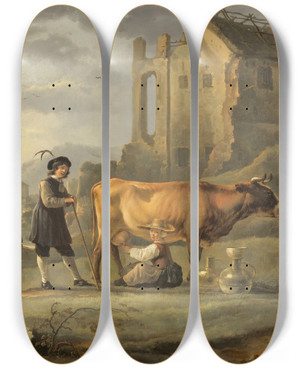 Triptych art skateboard deck of Aelbert Cuyp Landscape With Maid Milking A Cow by Aelbert Cuyp (1620-1691)