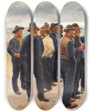 Triptych art skateboard deck of Michael Ancher Skagensfiskere P Stranden Skuer Ud Over Havet by Michael Ancher (1849-1927)