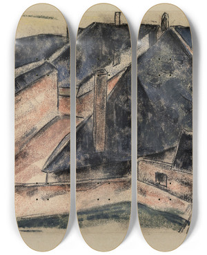 Triptych art skateboard deck of Heinrich Schrder Rooftops by Heinrich Schroder (1881-1943)